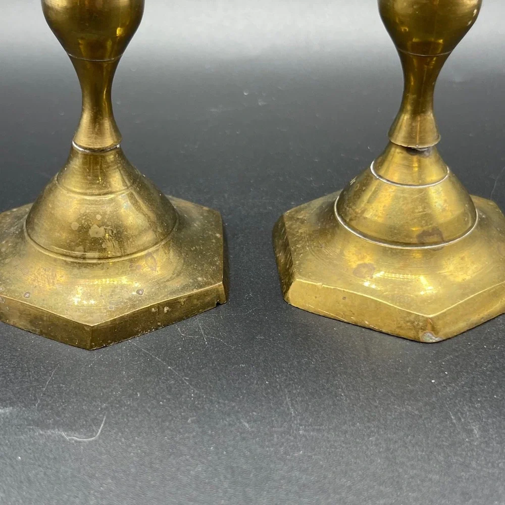 Landmark Designs Vintage Brass Candlestick Holders Set of 2 Hexagon Base India